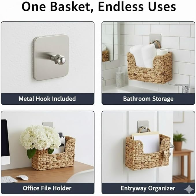 Handwoven Water Hyacinth Wall Basket Storage with Non-Trace Nails - Decorative Hanging Magazine File Holder & Mail Organizer 