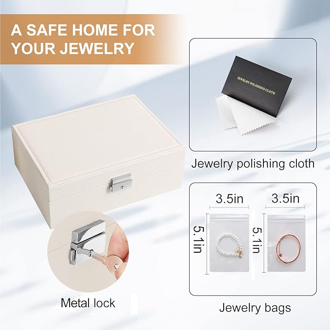 Jewelry Box Organizer for Women Girls 2 Layer Leather Travel Jewelry Storage Case with Lock and Removable Tray for Necklace E