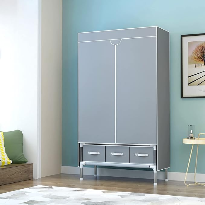 Portable Clothes Closet Rolling Door Wardrobe with Hanging Rack Non-Woven Fabric Storage Organizer with Three Drawer Boxes No