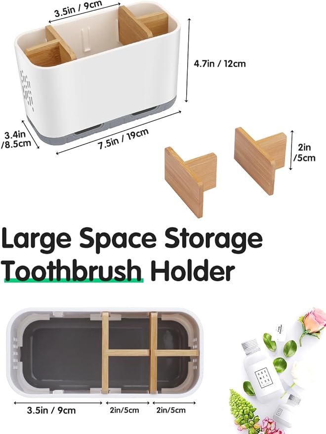 GFWARE Toothbrush Holders for Bathrooms - Bamboo Divider Toothbrush and Toothpaste Holder with Drainage, Kids Electric Toothb