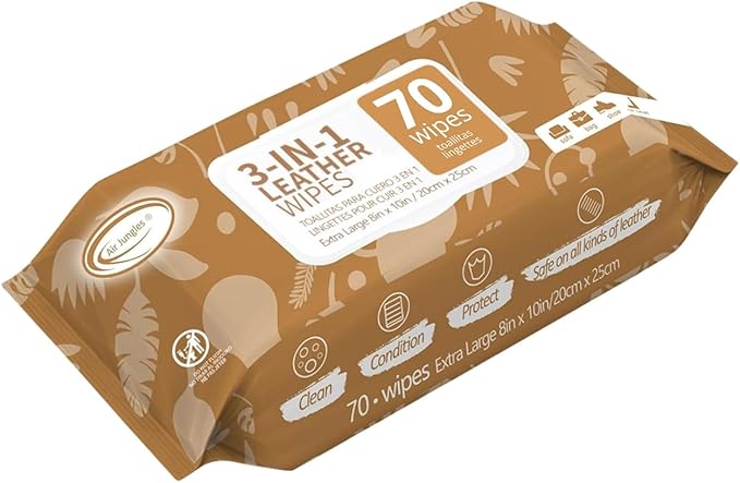 Air Jungles 3in1 Leather Cleaner Wipes 70 Count, Extra Large 8" x 10" Size, Clean Condition Protect Wipes for Vinyl and Leath