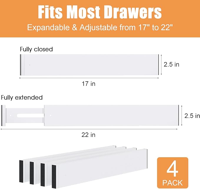 Bamboo Drawer Dividers,17-22" Adjustable Kitchen Drawer Organizer for Clothes,4 Pack Expandable Drawer Organization Separator