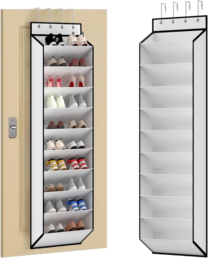 KEEPJOY 10 Tiers White Over Door Shoe Organizer Storage, Hanging Shoe Holder for Door with Large Deep Pockets, Fit 20-30 Pair