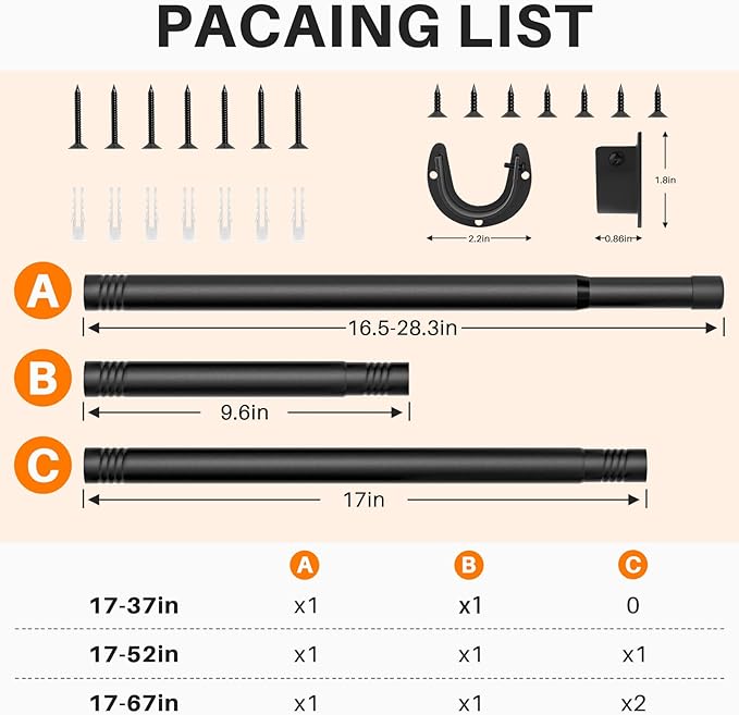 Closet Rod for Hanging Clothes, 17 to 37 Inch Adjustable Closet Hanging Rod, Heavy Duty Clothes Hanging Rod Bar Black Metal C