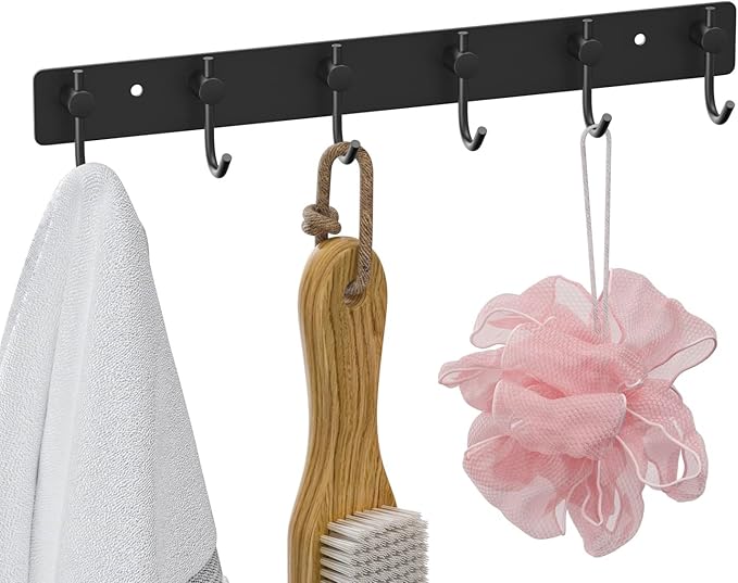 VAEHOLD Wall Hooks for Hanging, Black Coat Rack Wall Mount with 6 Coat Hooks, Towel Hanger, Hat Hooks, Robes Hook in Bathroom