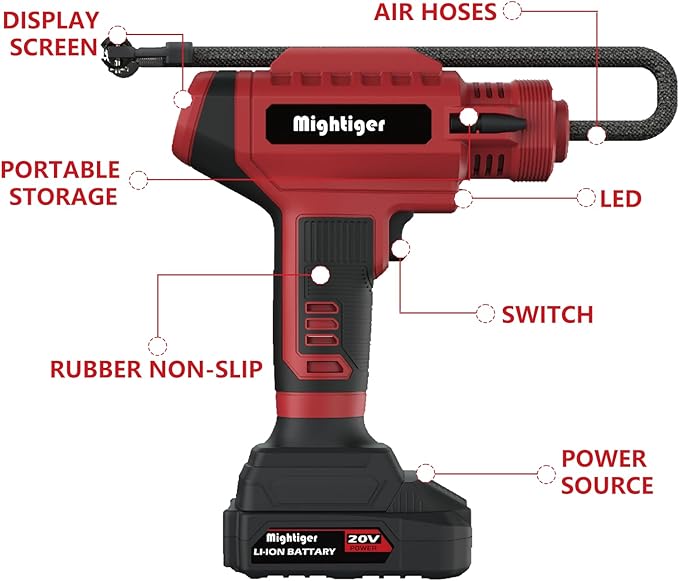 Portable Tire Inflator 20V Cordless Handheld Car Drill Air Pump Mini Air Compressor DC 12V 150PSI with Rechargeable Battery, Auto Shut Off, LED, Digital Pressure Gauge for Cars Bikes