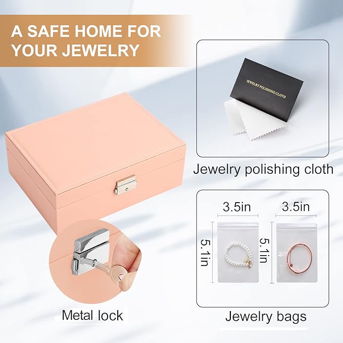 Jewelry Organizer Box, Leather Jewelry Box for Girls Gift Earring Organizer with Lock Double Layers Jewelry Case Removable Tr