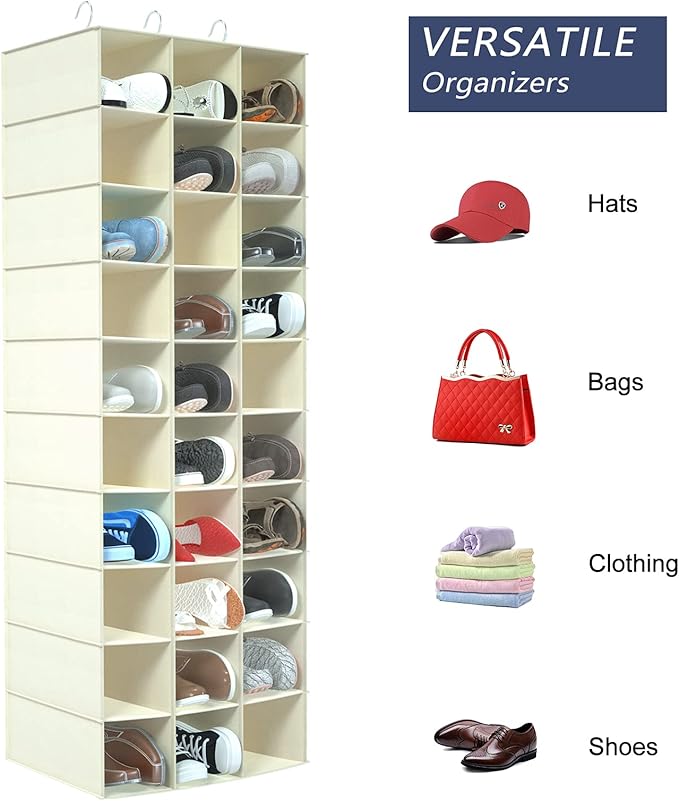 Libeder Hanging Closet Organizers 30 Section Shoe Shelves, Shoe Storage Hanging Shoe Holder, Breathable No-wover Fabric for S