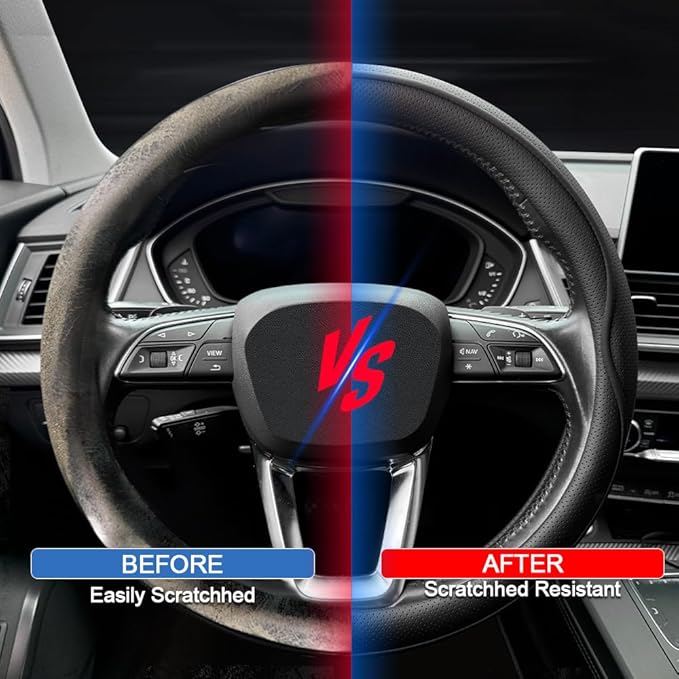 HAOTULE Leather Steering Wheel Cover， with Anti-Slip Stripe Design - Enhanced Grip, Fashion Style, Safe, Non-Slip, Breathable