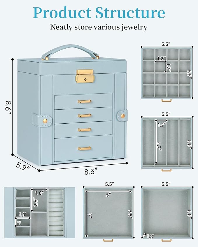 TORIBIO Jewelry Box for Women, Leather Jewelry Organizer with Mirror & Lock, 5-Tier Jewelry Storage Organizer with 4 Drawers 