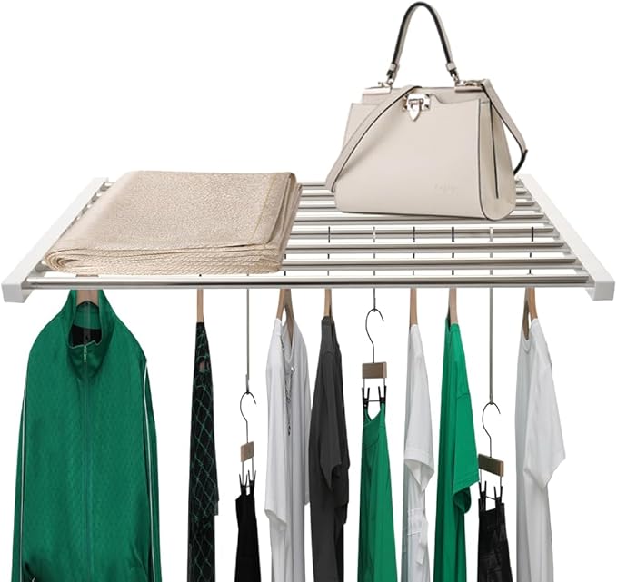 Hershii Extendable Closet Shelf Wardrobe Rail Metal Hanging Rod Storage Rack Expanding Clothes Divider Separator Organizer fo
