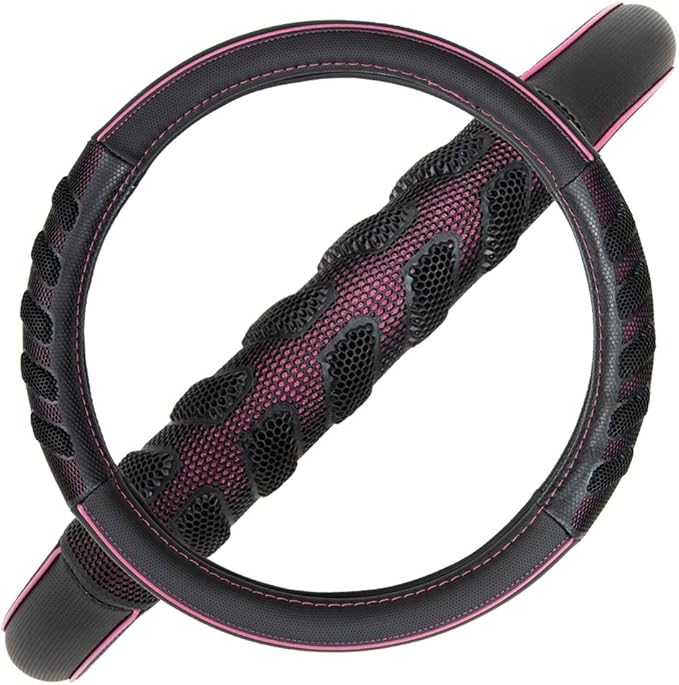 Flying Banner car Steering Wheel Cover Faux Leather Massage Universal fit 3D Honeycomb Hole Anti-Slip Sporty 15 Inches (Pink 
