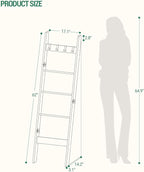 Hzuaneri Blanket Ladder for Living Room, Decorative Quilt Rack with 4 Removable Hooks, 5-Tier Farmhouse Ladder Holder Shelf O