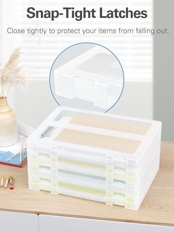Denkee Large Paper Storage Box, 4 Pack Plastic Scrapbook Paper Storage Organizer with Handle for A4, 8.5 x 11 US Letter, Port