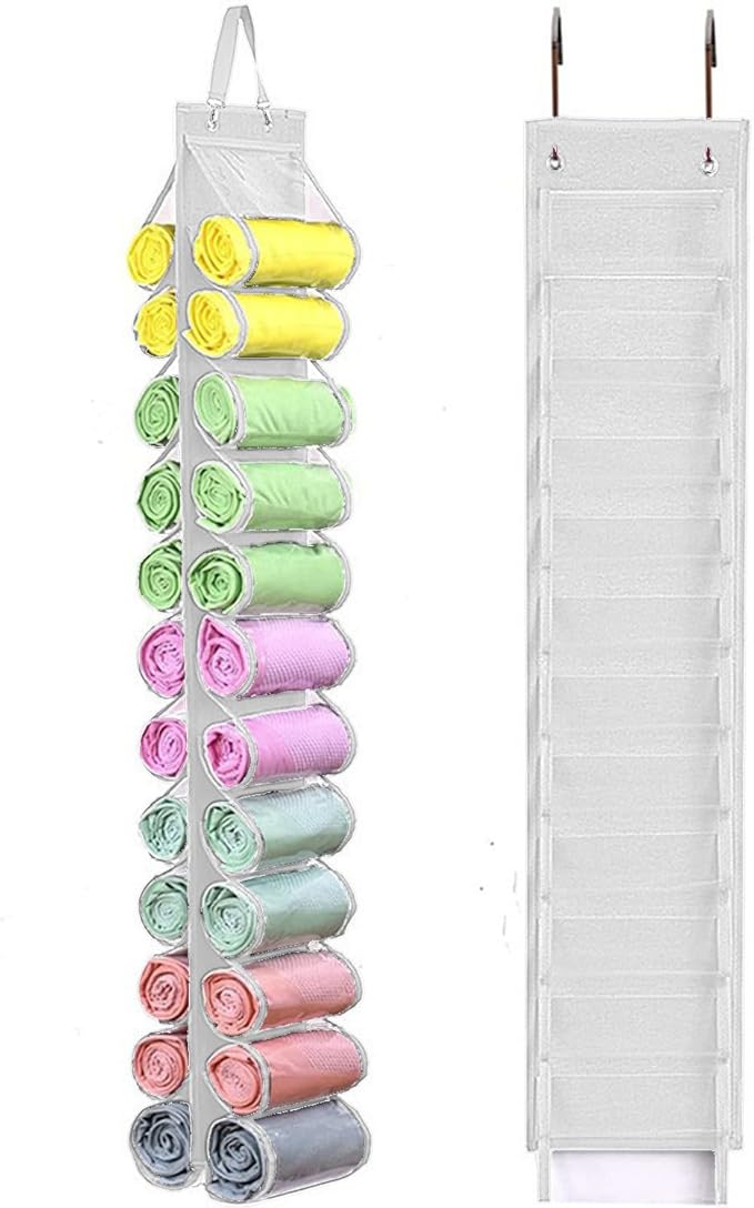 Legging Storage Bag Hanger - Can Hold 24 Leggings, Shirts or Jeans - Foldable Clothes Organizer, Portable Closet Roll Holder 
