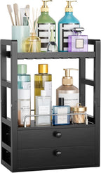 AmazerBath Bamboo Bathroom Countertop Organizer, 2-Tier Makeup Organizer with 2 Drawers, Vanity Organizer Storage Coffee Matc
