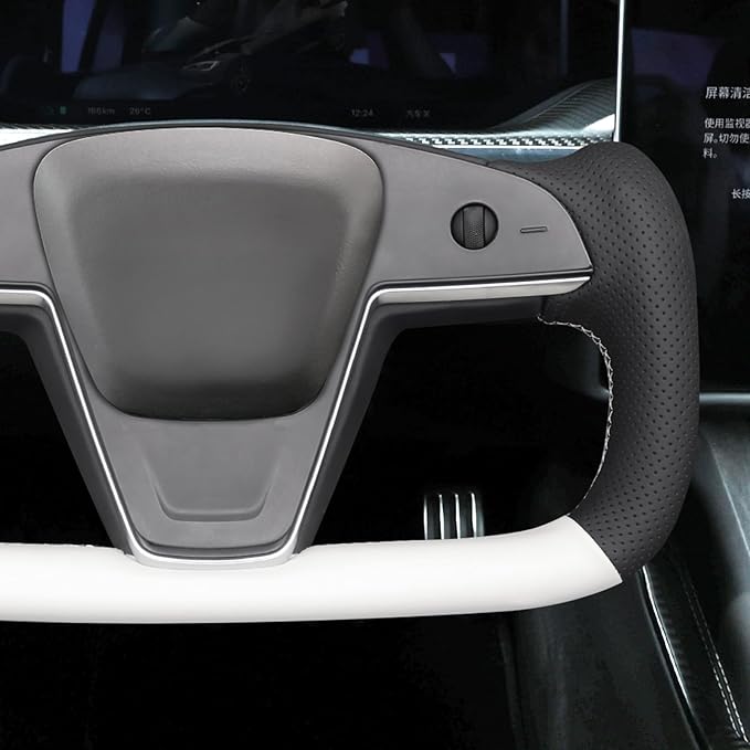 MEWANT Hand Stitched White Leather Steering Wheel Cover Wrap for Tesla Model S 2021-2023 / Model X 2021-2023 Steering Wheel Accessories