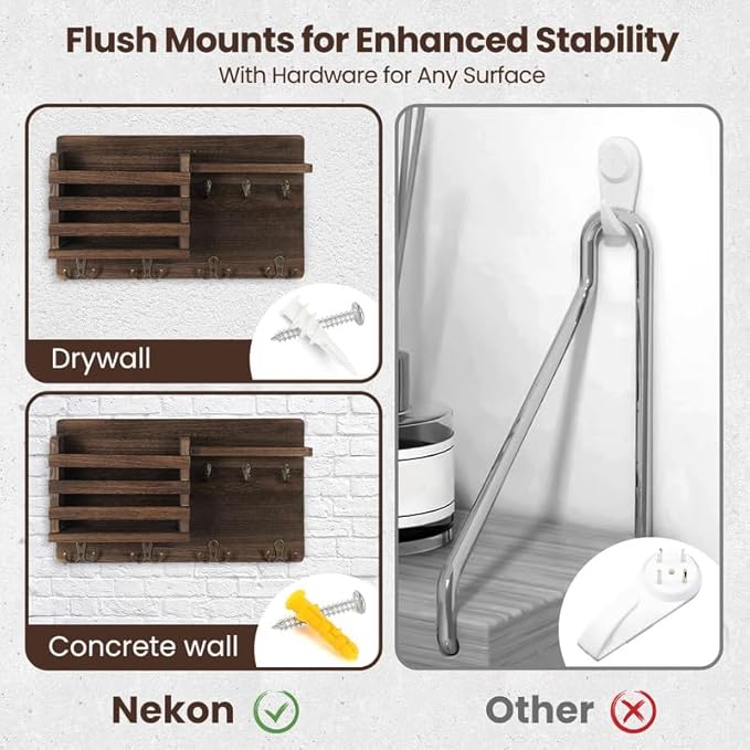 Nekon Mail Holder for Wall Mail Organizer with Key Hooks Hallway Farmhouse Decor Storage Racks with Floating Shelf and Flush 