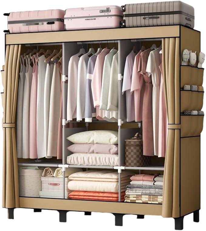 Portable Closet, 51.18" Large Capacity Clothing Storage Organizer with 3 Hanging Rods 6 Shelves 18 Side Pockets, Dustproof St