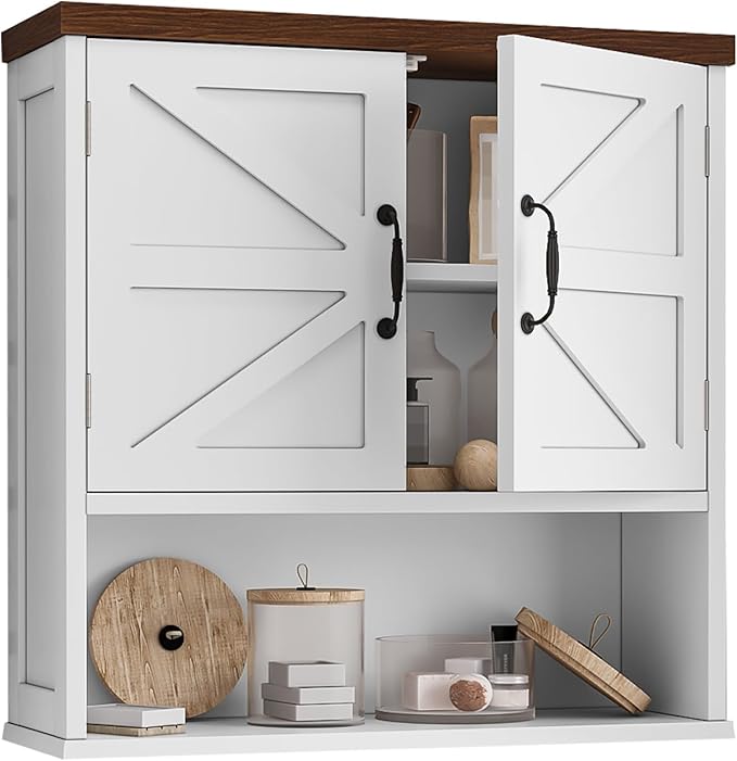 Bathroom Wall Cabinet with Barn Doors, Wall Mounted Bathroom Cabinet, Farmhouse Style, Adjustable Shelf, Wall Mounted Medicin