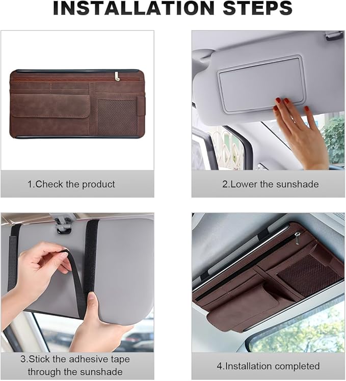 Car Sun Visor Organizer, Leather Sun Visor Pocket Organizer Case with Multi-Pocket Net Zipper, Suede Note Holder Car Visor Storage Pouch for Card Pen Sunglasses Document (Brown)