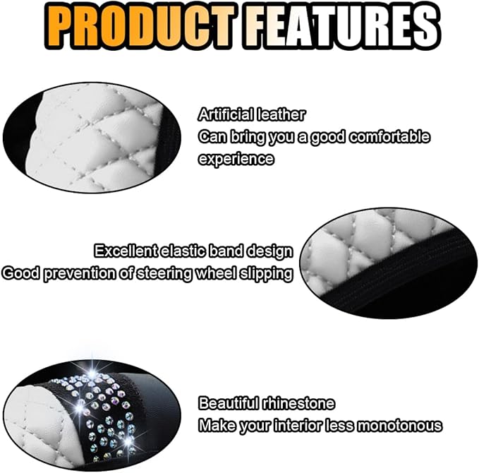 Bling Soft Leather Steering Wheel Cover, 15 Inch Colorful Rhinestones Auto Elastic Protector with Crystal Diamond for Women G