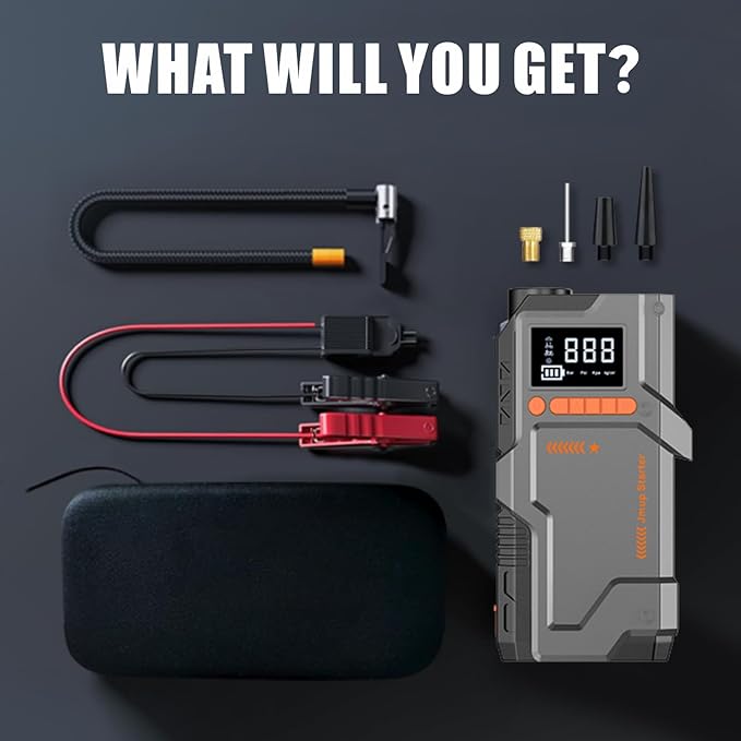 Jump Starter with Air Compressor, 5000A Battery Jumper Starter Portable (9.0 Gas/8.0L Diesel),150 PSI Tire Inflator, 12V