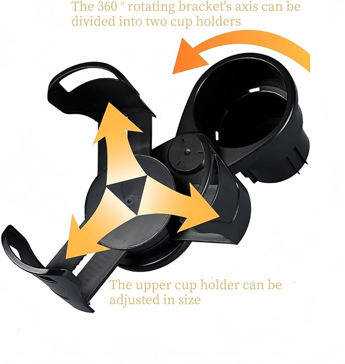 360° Rotating Car Cup Holder, Adjustable Dual Drink Holder, 3.35 inch Base Width, Black