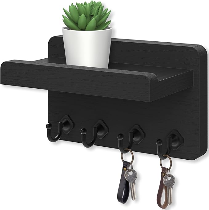 Nekon Key Holder Wall Mount, 8.5 Inch Small Home Decor Wooden Wall Organizer with 4 Hooks and Shelf, Key and Mail Holder for 