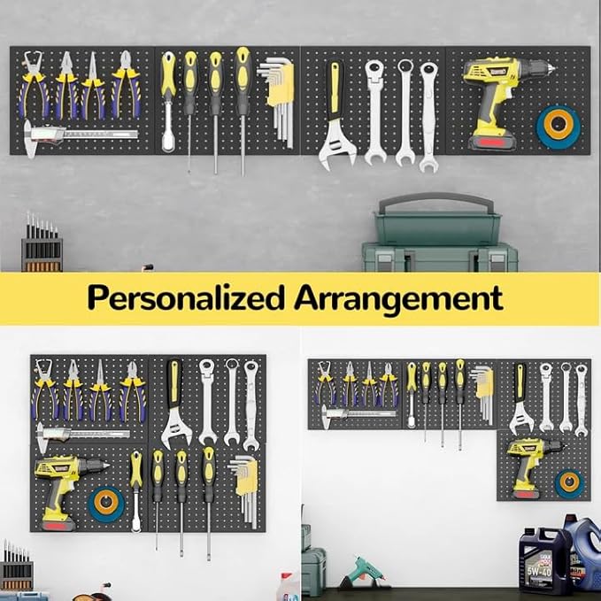 Metal Pegboard,4 Pack Metal Pegboard Panels With 8 Hooks,Black Pegboard Wall Organizer,16"x12" Steel Peg Boards for Walls,Too