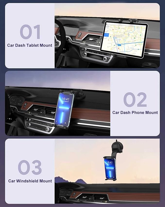 Tablet Mount Car Dashboard Holder for 4-13" iPad Phone, Truck Dash Holder with Strong Suction Cup for for iPad Pro 12.9 10.5 9.7, iPad Air Mini, Samsung Galaxy Tab, Kindle Fire HD, iPhone