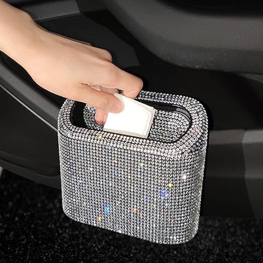 Sparkly Car Trash Car,Hanging Garbage Can with Lid Bling Rhinestone Trash Bin,Litter Container for Vehicle,Office,Home (White)