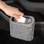 Sparkly Car Trash Car,Hanging Garbage Can with Lid Bling Rhinestone Trash Bin,Litter Container for Vehicle,Office,Home (White)