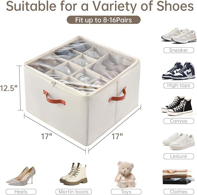 INSTY Shoe Organizer for Closet, 2 Pack Foldable Shoe Storage Containers, Fits up to 16-32 Pairs, Adjustable Dividers for Sho