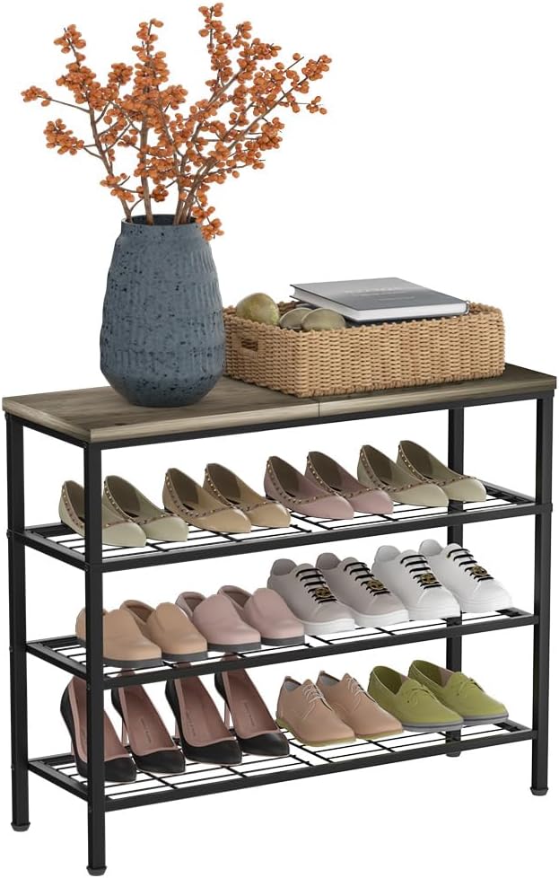 4-Tier Metal Shoe Rack with Wood Top - Durable & Space-Saving Shoe Organizer,Industrial Shoe Organizer Shelf Bench Storagefor