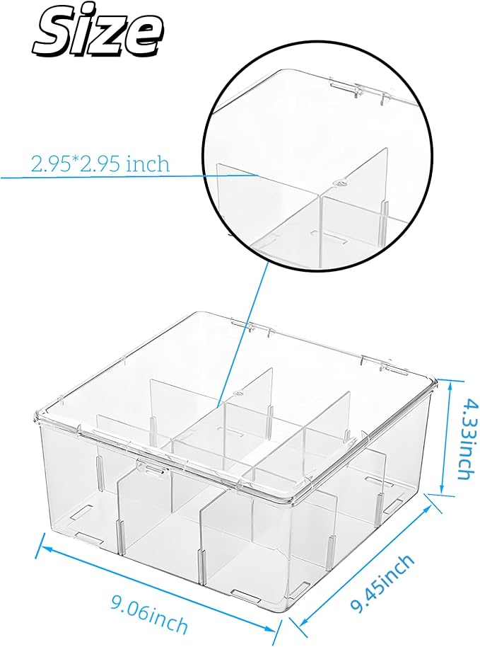 Acrylic Tea Bag Organizer with Lid, 9-Grid Clear Storage Box with Removable Dividers, Plastic Drawer Organizer for Tea Bags, 