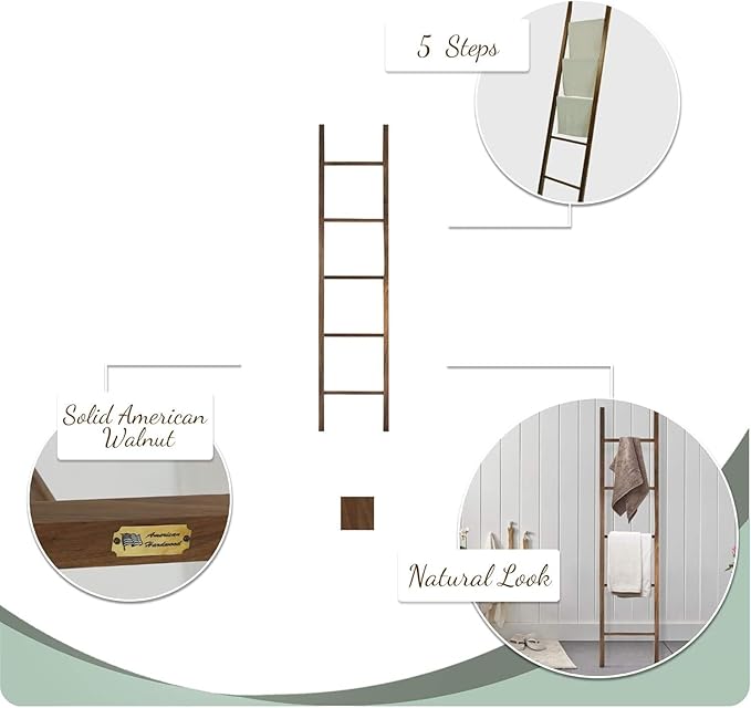 Solid Wood Decorative Ladder - Leaning Blanket Rack for Home Decor Walnut