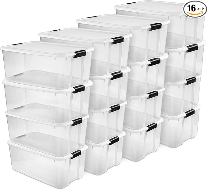 Sterilite 16-Pack Ultra Latching Box, Storage Bins with Lids, Clear Plastic, 116 Quart - Heavy-Duty Organizing Containers for