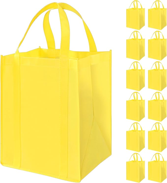 12 Pack Heavy Duty Reusable Grocery Bags - Large Shopping Totes Reinforced Handles, Holds 40 lbs, Foldable and Washable (Yellow)