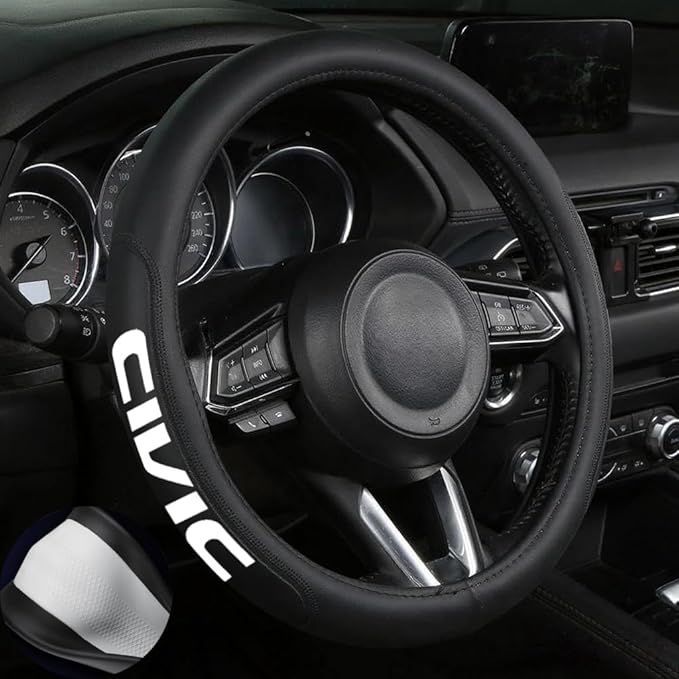 Leather Steering Wheel Cover with a Rubber Inner Ring fit for 14-15 Inch Breathable Lightweight Easy to Install Compatible wi