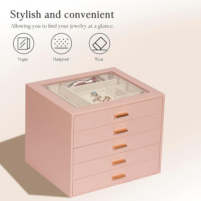 Jewelry Box with Glass Lid, 5-Layer Jewelry Organizer for Women Girls, PU Leather Display Case with 20-Grid Earring Tray & Mo