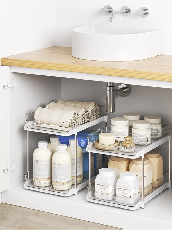 Delamu 2 Sets of 2-Tier Multi-Purpose Bathroom Under Sink Organizers and Storage and 2 Sets of 3-Tier Bathroom Under Sink Org
