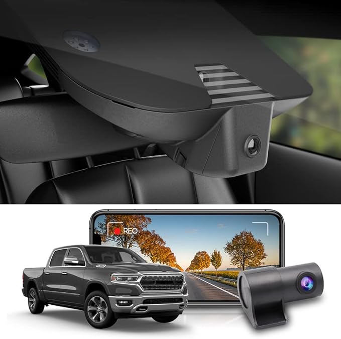 Fitcamx 2K Dual Dash Cam Suitable for RAM 1500 (Model B) 2019 2020 2021 2022 2023 2024 Rebel Big Horn Laramie, OEM Look, Fron
