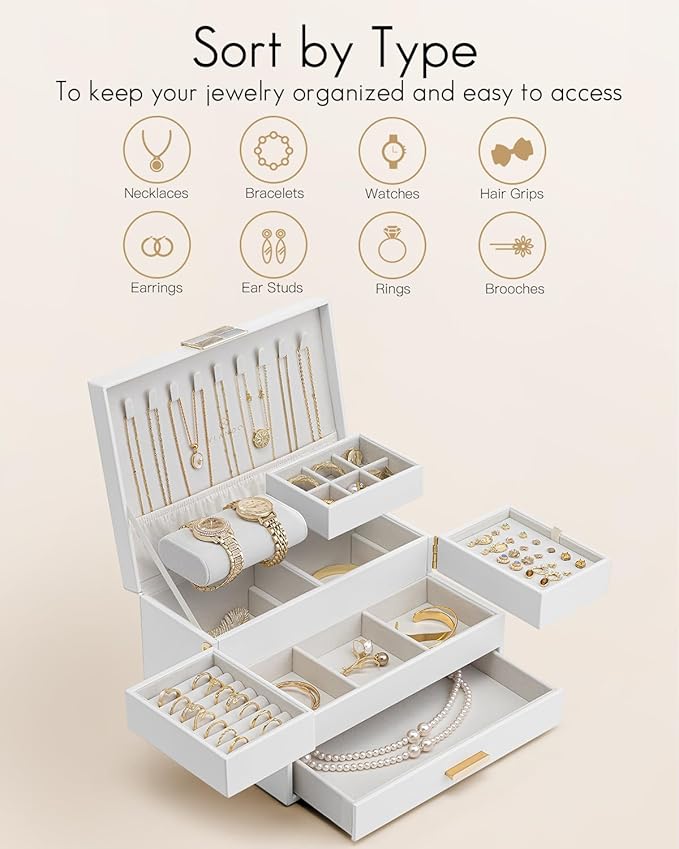 Vlando 3 Layer Jewelry Box - Women Jewelry Box with Retractable Tray - Jewelry Organizers with Drawer for Necklaces, Rings, B