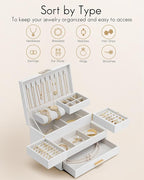 Vlando 3 Layer Jewelry Box - Women Jewelry Box with Retractable Tray - Jewelry Organizers with Drawer for Necklaces, Rings, B
