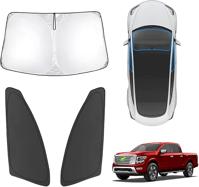 Karltys 3PCS Windshield Sun Shade for 2020-2025 Nissan Titan, Reflective Front and Side Window Sunshade Custom Fit Nissan Titan, Foldable Sun Visor Protector Keep Your Car Cool