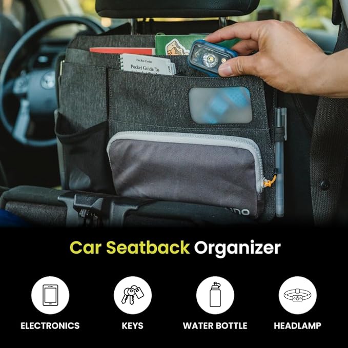 Luno Backseat Car Organizers - Travel Organizer for Road Trip Essentials w/iPad Holder, Snap-On Pouch, Bottle Slot & G-Hooks for Road Trip & Camping - Seat Protector & Organizer Fits All SUVs & Cars