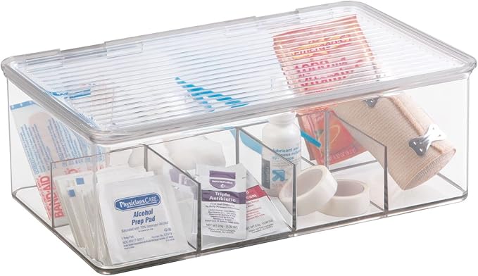mDesign Plastic First Aid Kit Storage Box with Clear Top Lid for Bathroom, Kitchen, Cabinet, Closet, Drawer - Organizes Medic