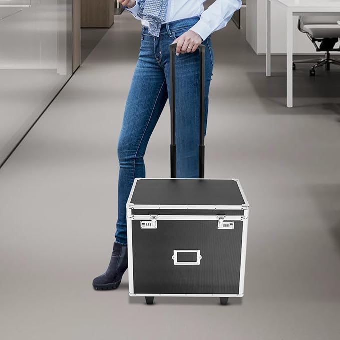 Locking File Box Aluminum Alloy Portable Storage Case with Telescopic Handle Mobile File Organizer with Combination Lock Roll