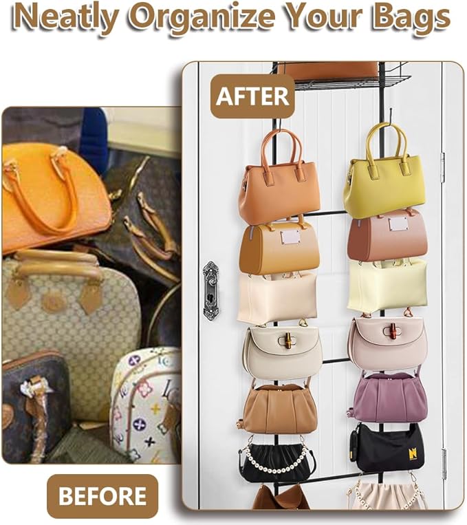 Over The Door Purse Organizer, Hanging Purse Organizer, Wall-Mounted Handbag Storage Rack with 16 Hooks & Metal Basket, Space